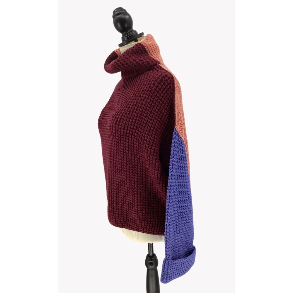 FREE PEOPLE Wine Colorblock Park City Slouchy Waffle Cotton Blend Sweater Est. S - Picture 4 of 8